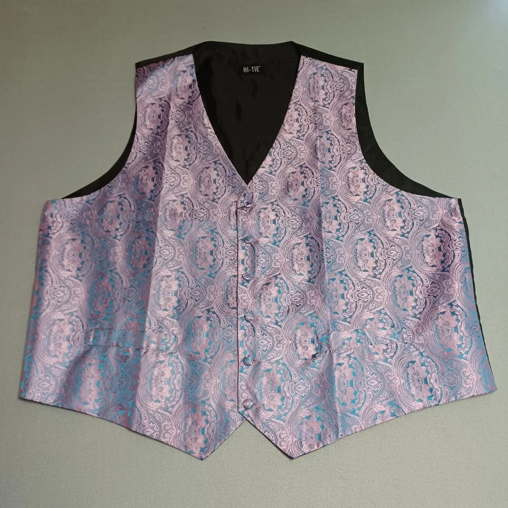 Hi-Tie Vest Mens 3XL Pink Blue Paisley Jacquard Formal Waistcoat Adjustable Back